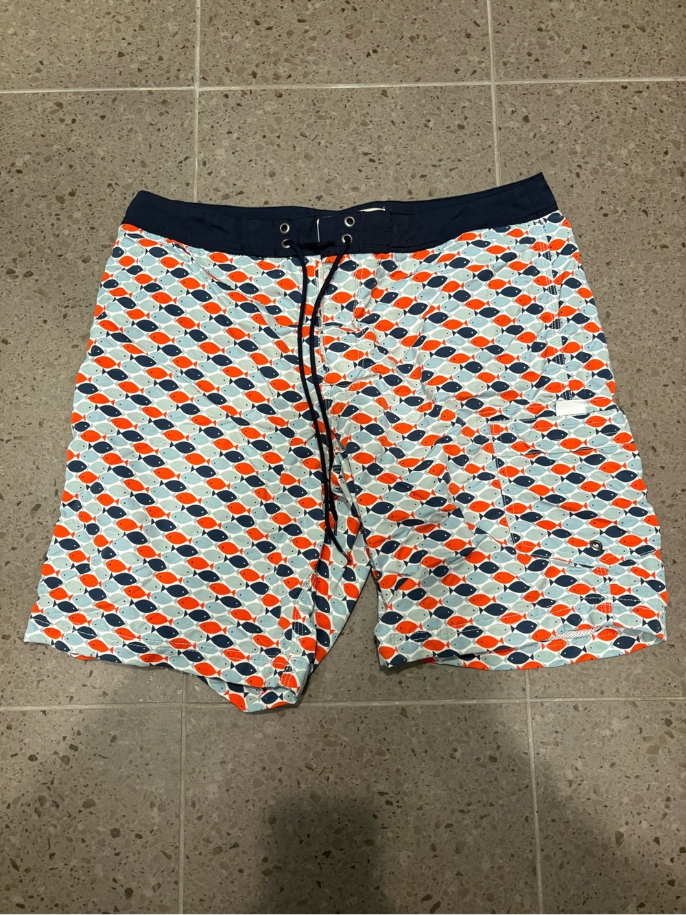 J. Crew Navy, Orange & White Fish-Scale Swim Shorts